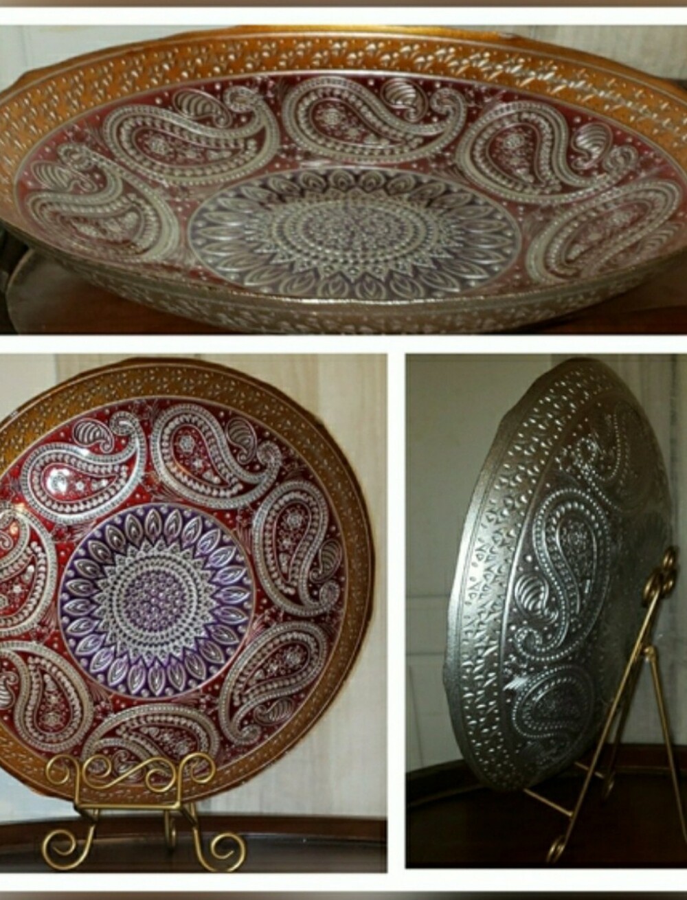 Decorative Paisley Embossed Glass Pasta Plate - Red, Purple, Gold